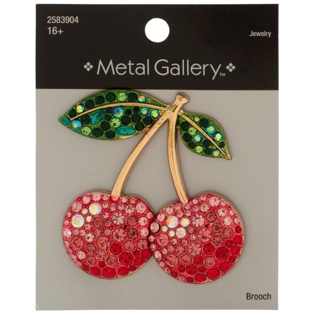 New Metal Gallery Cherries Rhinestone Brooch